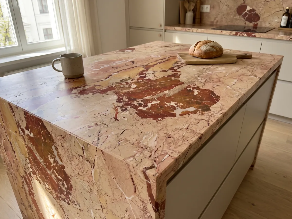 Isla de cocina con cubierta de mármol rojo Arlecchino y canto recto en una cocina con luz natural: grandes manchas rojo óxido sobre beige rosado, cruzadas por vetas blancas finas
