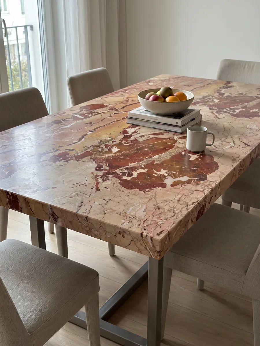 Mesa de comedor con cubierta de mármol rojo Arlecchino sobre base de acero: grandes manchas rojo óxido sobre beige rosado, cruzadas por vetas blancas finas