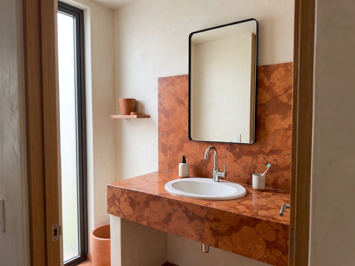 Cubierta de lavabo y pared de baño en Mármol Rojo Asiago con lavamanos blanco y grifería cromada: naranja rojizo con manchas redondeadas claras sobre fondo más oscuro