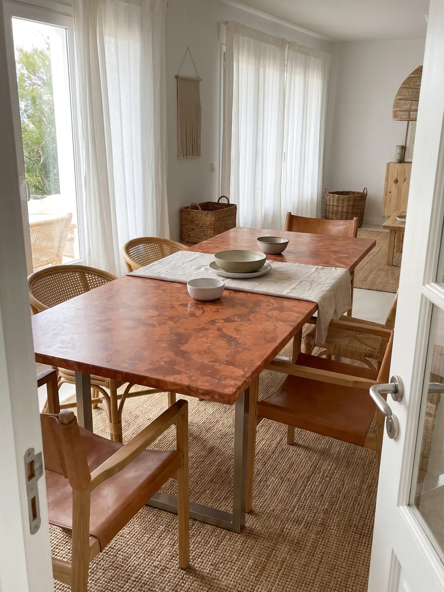 Mesa de comedor con cubierta de Mármol Rojo Asiago sobre base de acero: naranja rojizo con manchas redondeadas claras sobre fondo más oscuro