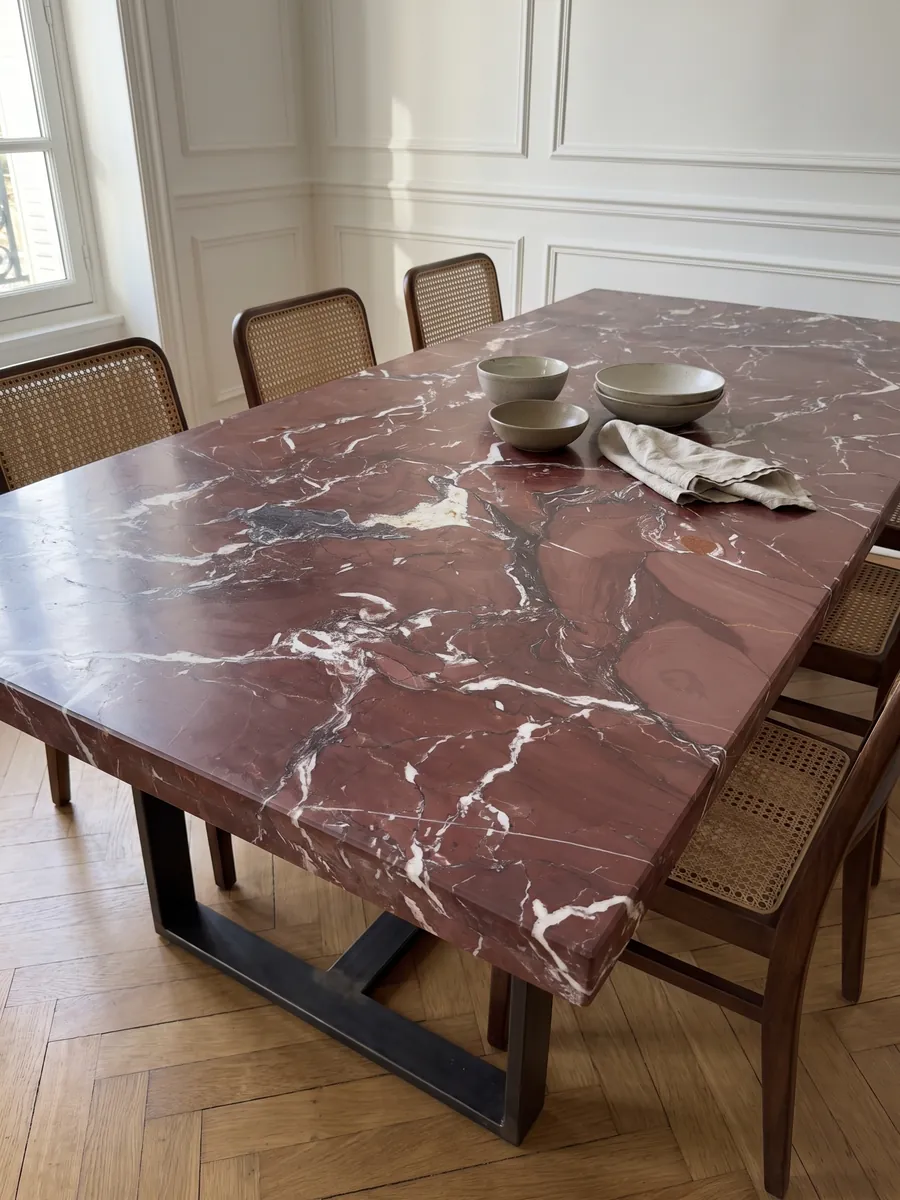 Mesa de comedor con cubierta de Mármol Rojo Cardinale sobre base de acero: rojo burdeos con vetas blancas irregulares y algunas manchas gris violáceo