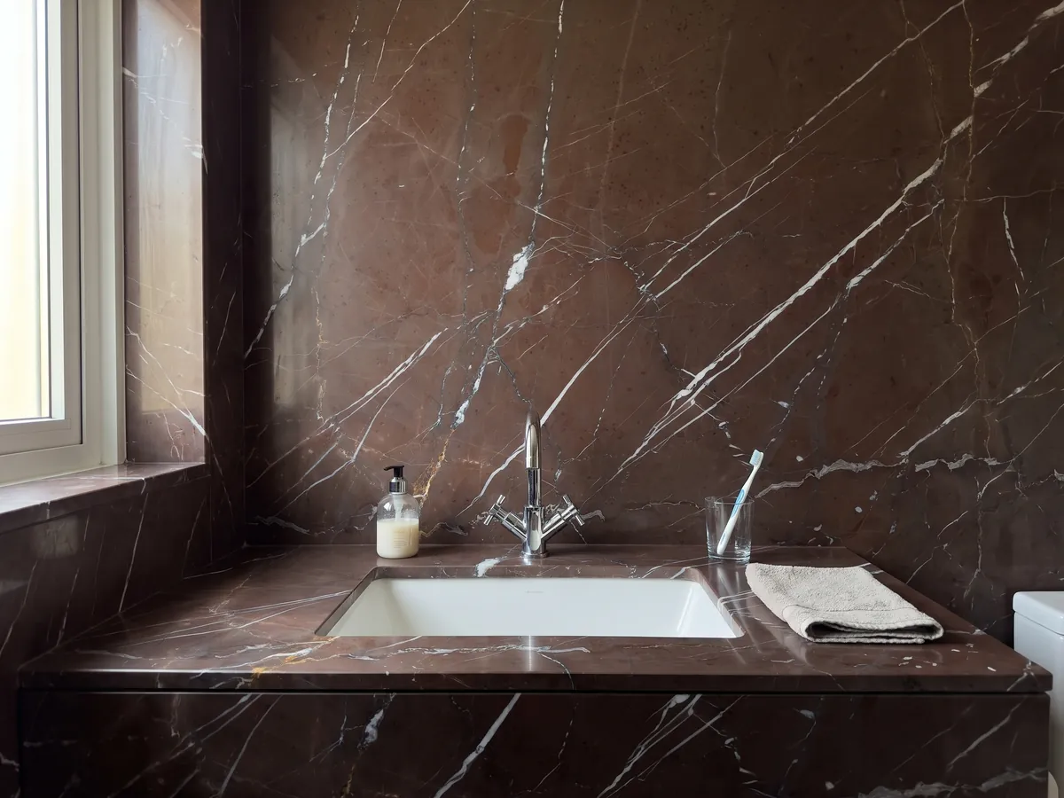 Cubierta de lavabo y pared de baño en Mármol Rojo Collemandina con lavamanos blanco y grifería cromada: marrón rojizo oscuro con vetas blancas finas, rectas y paralelas en diagonal