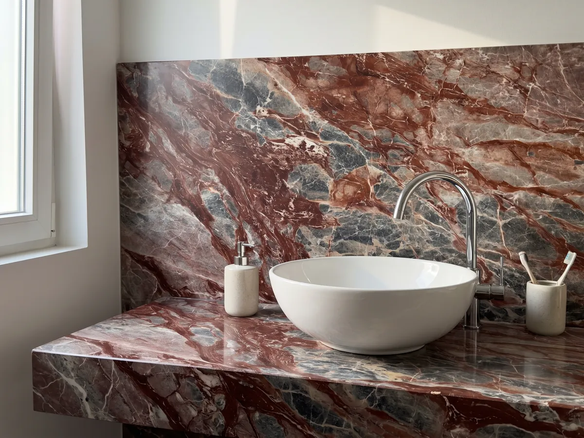 Cubierta de lavabo y pared de baño en mármol rojo Domus Red con lavamanos blanco y grifería cromada: fragmentos gris azulado unidos por vetas y manchas rojo vino