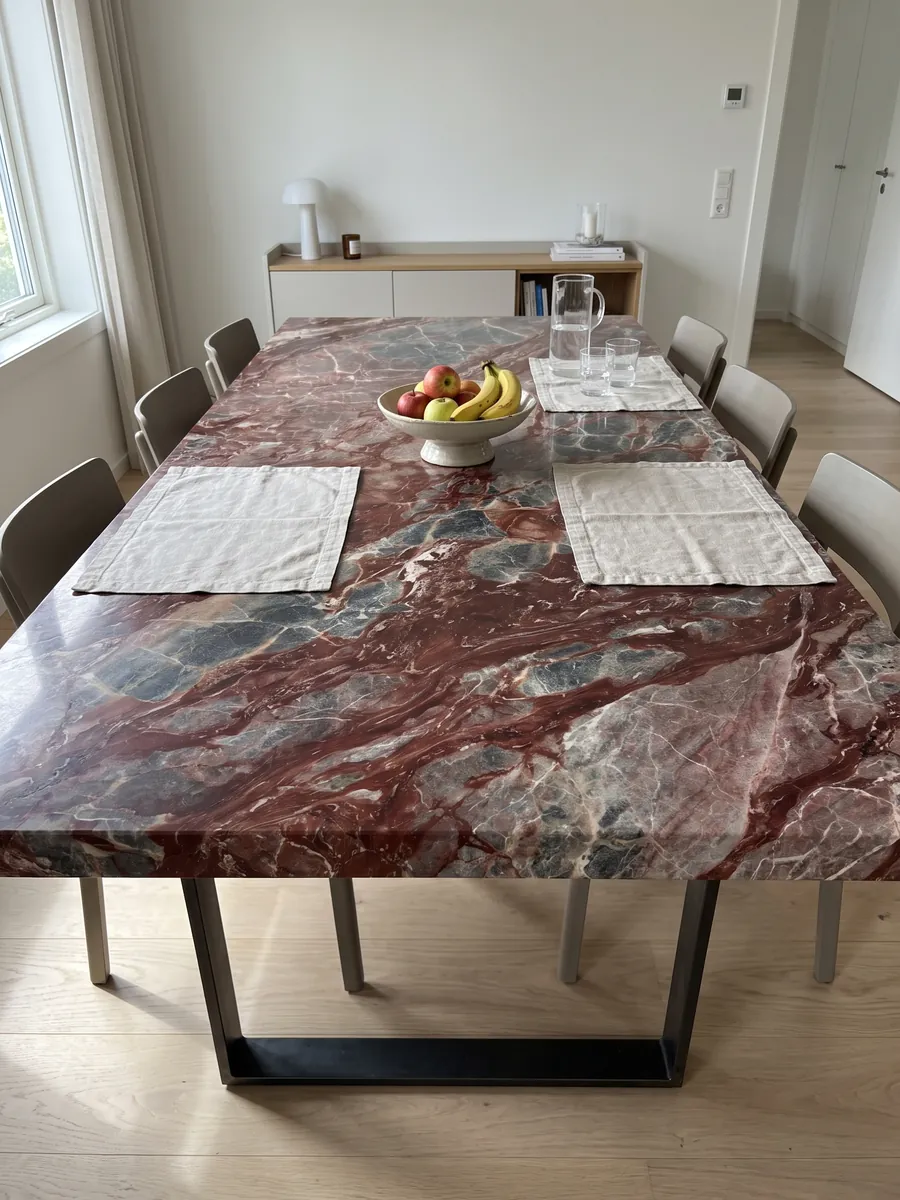 Mesa de comedor con cubierta de mármol rojo Domus Red sobre base de acero: fragmentos gris azulado unidos por vetas y manchas rojo vino