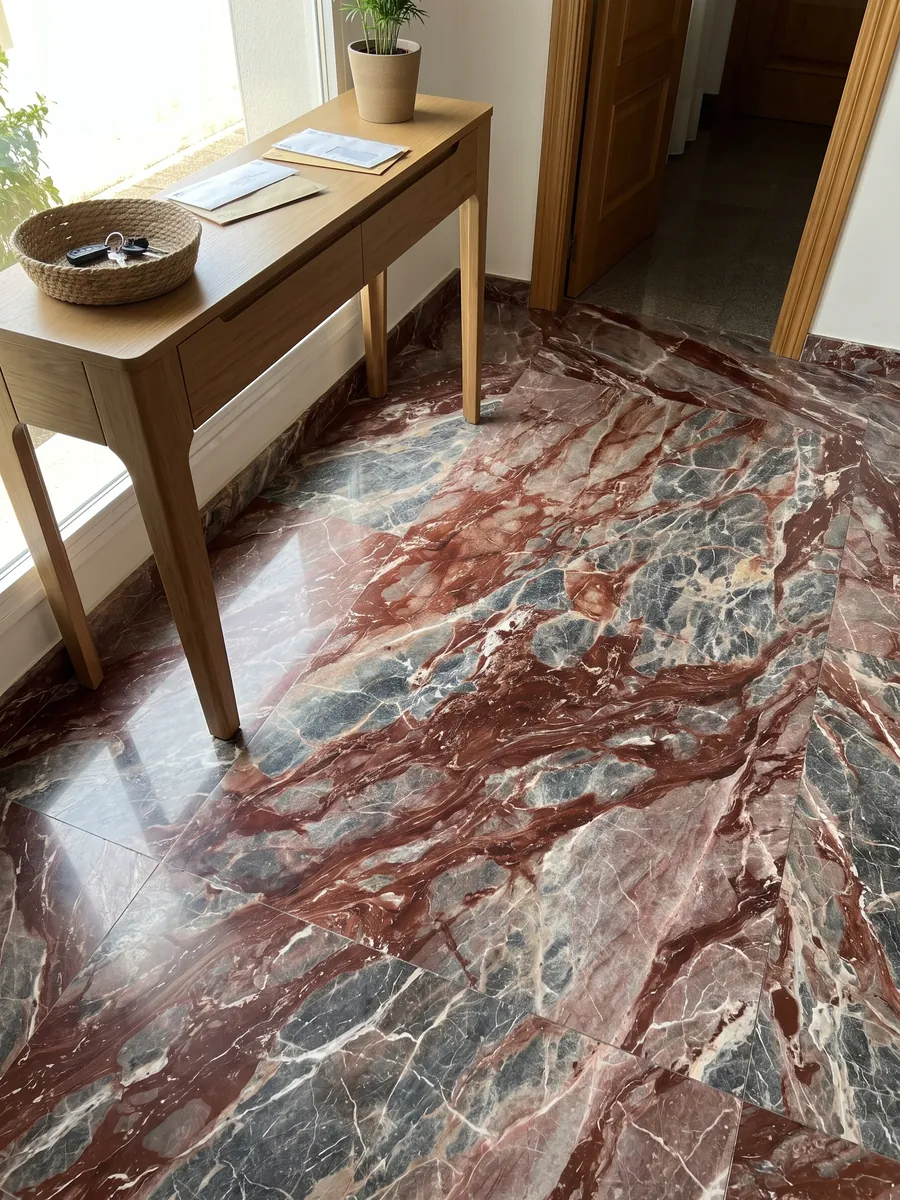 Piso de recibidor en placas grandes de mármol rojo Domus Red con luz natural: fragmentos gris azulado unidos por vetas y manchas rojo vino