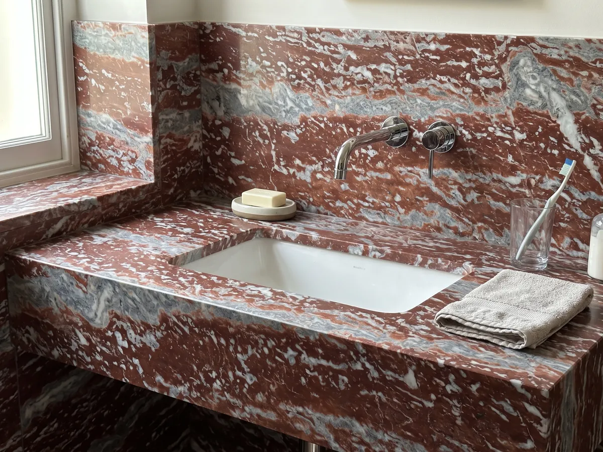 Cubierta de lavabo y pared de baño en Mármol Rojo Francia con lavamanos blanco y grifería cromada: franjas horizontales rojas que alternan con bandas gris azulado y blancas