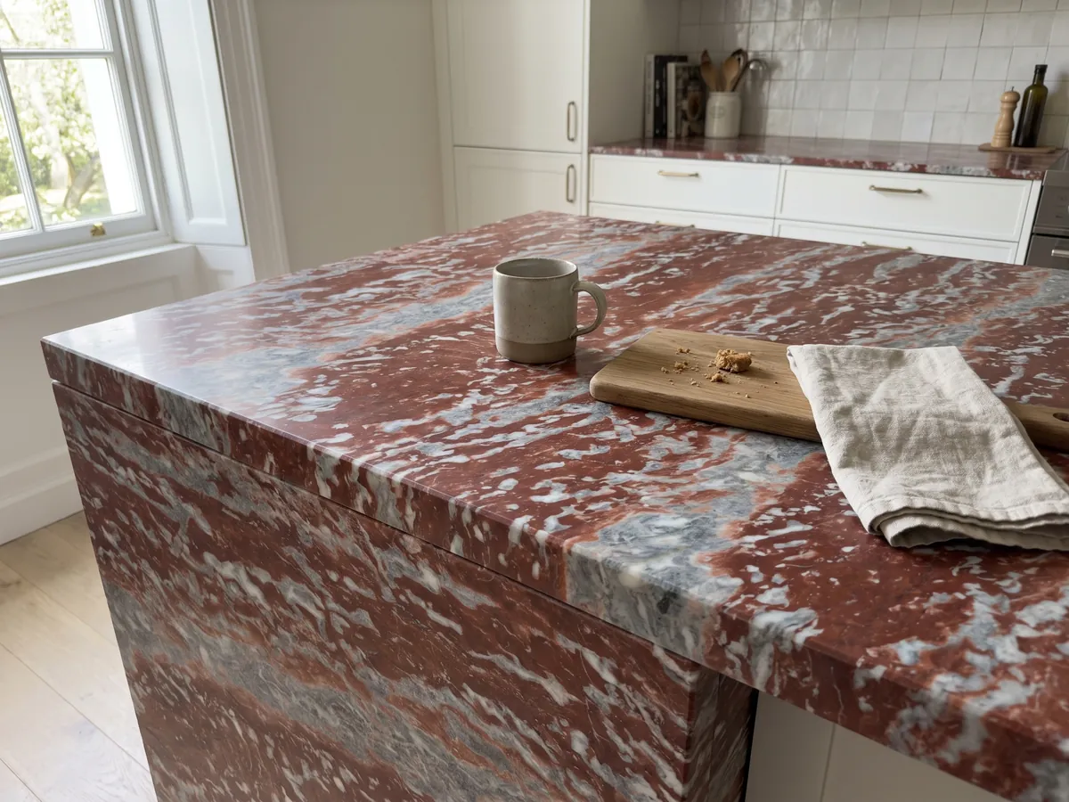 Isla de cocina con cubierta de Mármol Rojo Francia y canto recto en una cocina con luz natural: franjas horizontales rojas que alternan con bandas gris azulado y blancas