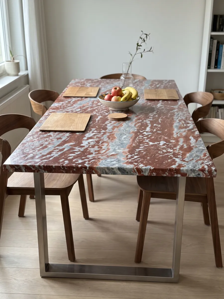 Mesa de comedor con cubierta de Mármol Rojo Francia sobre base de acero: franjas horizontales rojas que alternan con bandas gris azulado y blancas