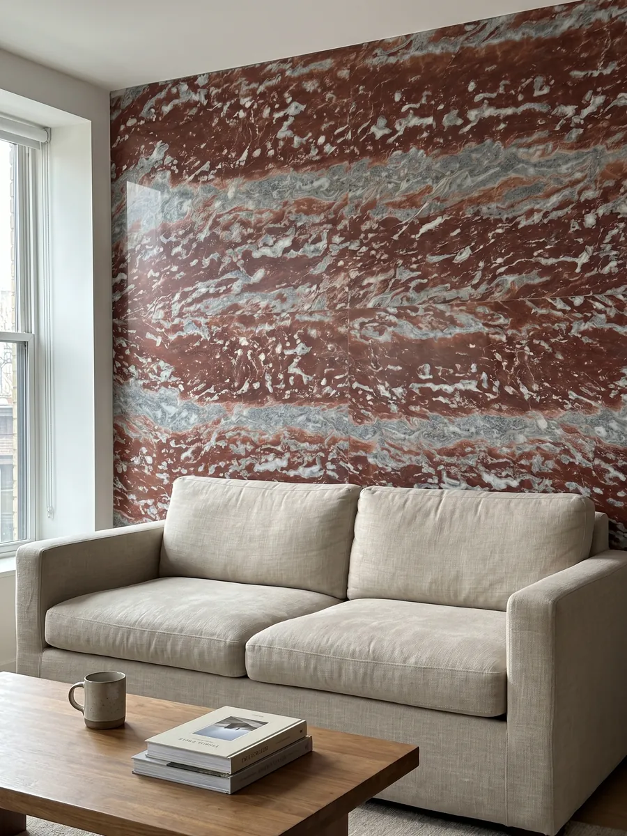 Pared de sala revestida con placas de Mármol Rojo Francia abiertas en libro detrás de un sofá: franjas horizontales rojas que alternan con bandas gris azulado y blancas