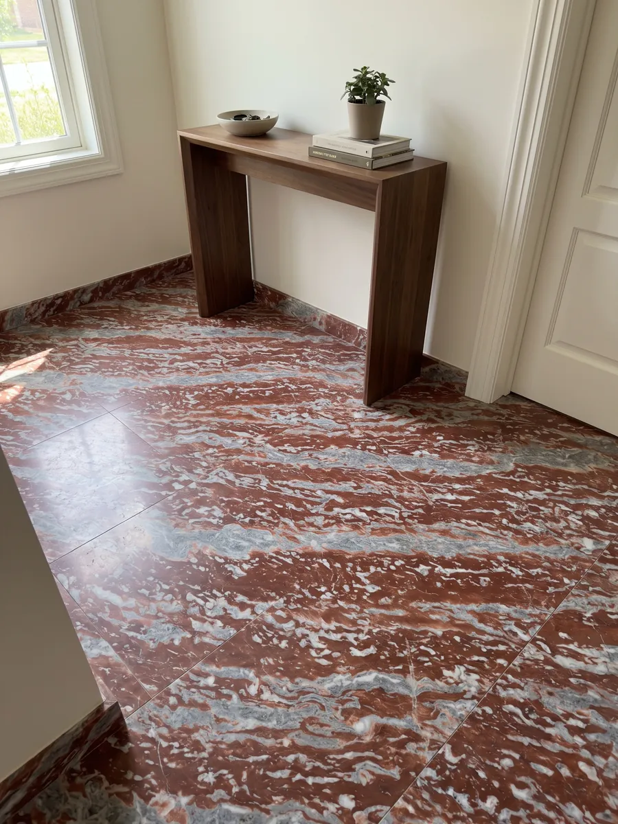Piso de recibidor en placas grandes de Mármol Rojo Francia con luz natural: franjas horizontales rojas que alternan con bandas gris azulado y blancas