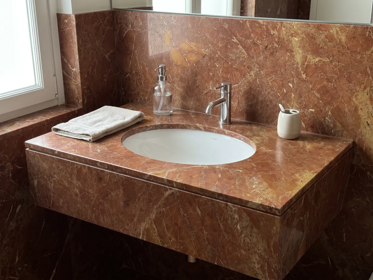 Cubierta de lavabo y pared de baño en mármol rojo Melograno con lavamanos blanco y grifería cromada: rojo ladrillo amarronado con red fina de vetas claras y zonas ocre