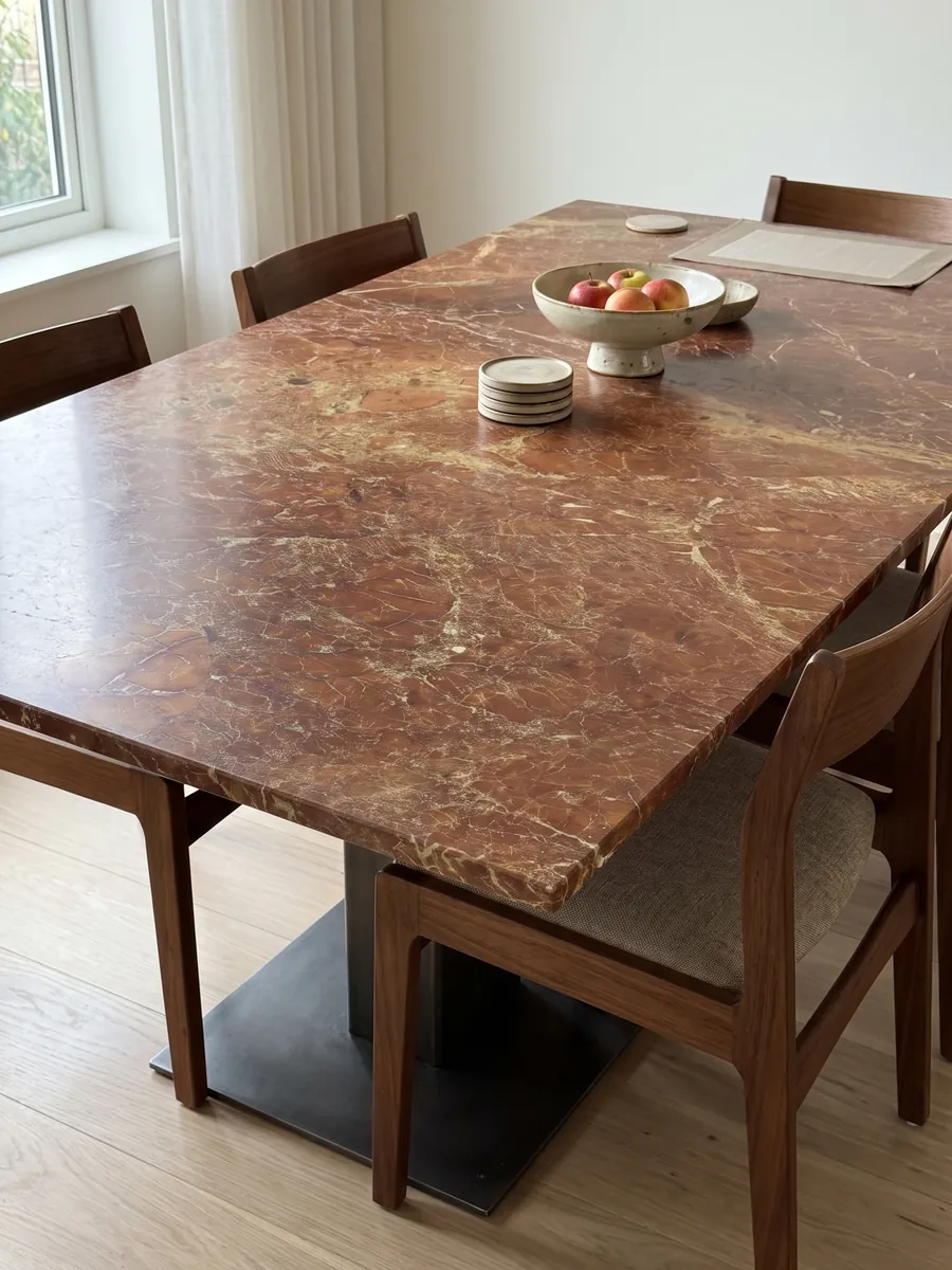Mesa de comedor con cubierta de mármol rojo Melograno sobre base de acero: rojo ladrillo amarronado con red fina de vetas claras y zonas ocre