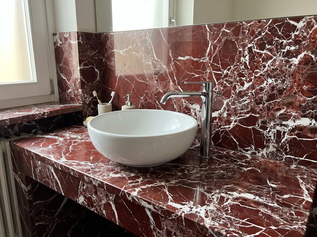 Cubierta de lavabo y pared de baño en mármol rojo Rosso Lepanto con lavamanos blanco y grifería cromada: fragmentos rojo intenso rodeados por una red densa de vetas blancas