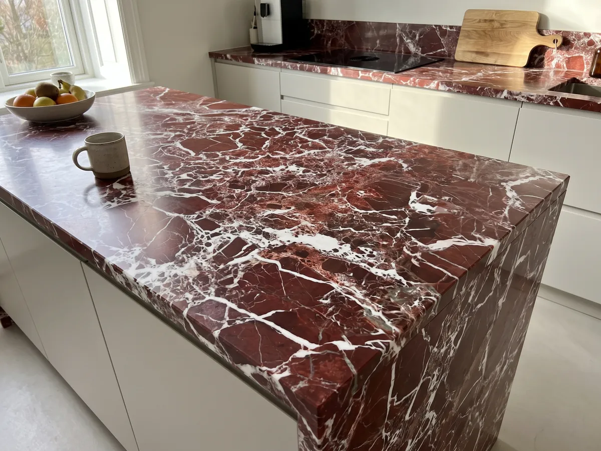 Isla de cocina con cubierta de mármol rojo Rosso Lepanto y canto recto en una cocina con luz natural: fragmentos rojo intenso rodeados por una red densa de vetas blancas