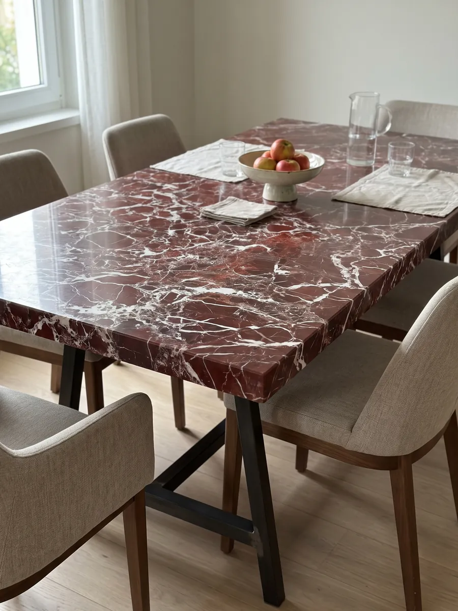 Mesa de comedor con cubierta de mármol rojo Rosso Lepanto sobre base de acero: fragmentos rojo intenso rodeados por una red densa de vetas blancas