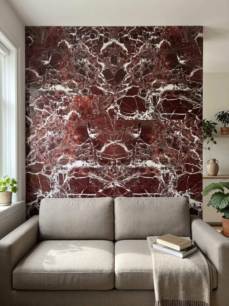 Pared de sala revestida con placas de mármol rojo Rosso Lepanto abiertas en libro detrás de un sofá: fragmentos rojo intenso rodeados por una red densa de vetas blancas