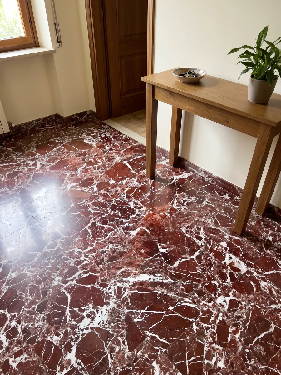 Piso de recibidor en placas grandes de mármol rojo Rosso Lepanto con luz natural: fragmentos rojo intenso rodeados por una red densa de vetas blancas