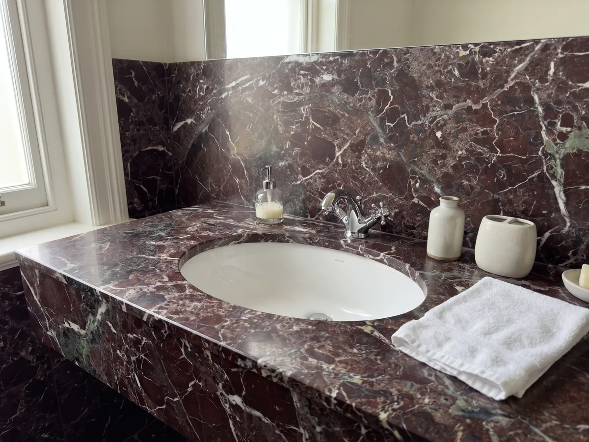 Cubierta de lavabo y pared de baño en mármol rojo Rosso Levanto con lavamanos blanco y grifería cromada: burdeos oscuro con zonas verde grisáceo y una red de vetas blancas