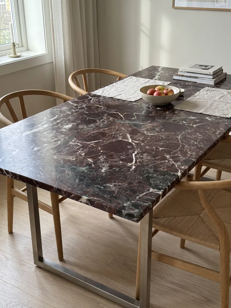 Mesa de comedor con cubierta de mármol rojo Rosso Levanto sobre base de acero: burdeos oscuro con zonas verde grisáceo y una red de vetas blancas