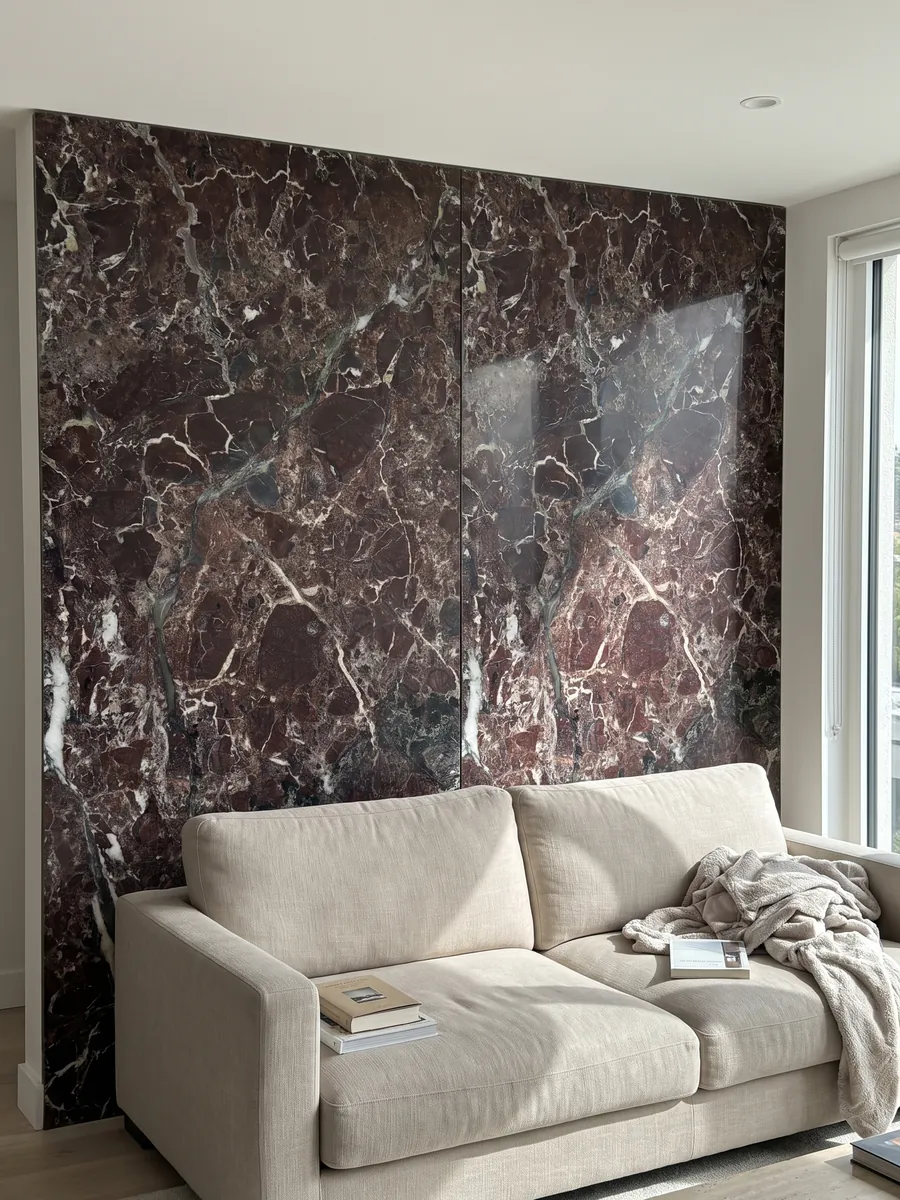 Pared de sala revestida con placas de mármol rojo Rosso Levanto abiertas en libro detrás de un sofá: burdeos oscuro con zonas verde grisáceo y una red de vetas blancas