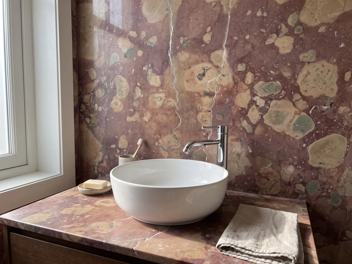 Cubierta de lavabo y pared de baño en mármol rojo Rosso Verona con lavamanos blanco y grifería cromada: rojo violáceo con manchas beige y dos vetas blancas verticales irregulares