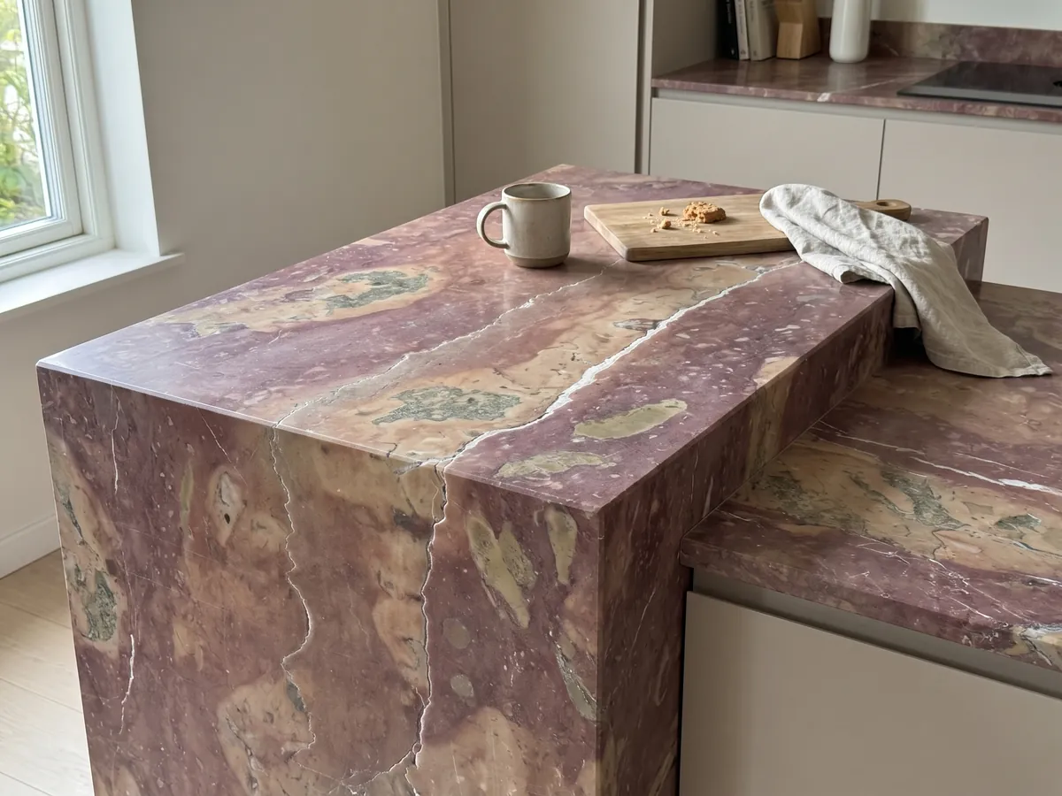 Isla de cocina con cubierta de mármol rojo Rosso Verona y canto recto en una cocina con luz natural: rojo violáceo con manchas beige y dos vetas blancas verticales irregulares