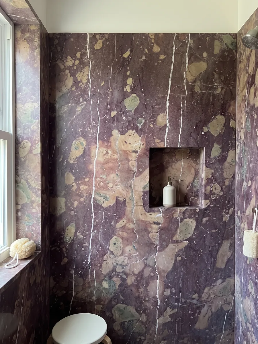 Ducha revestida con placas enteras de mármol rojo Rosso Verona con nicho empotrado: rojo violáceo con manchas beige y dos vetas blancas verticales irregulares