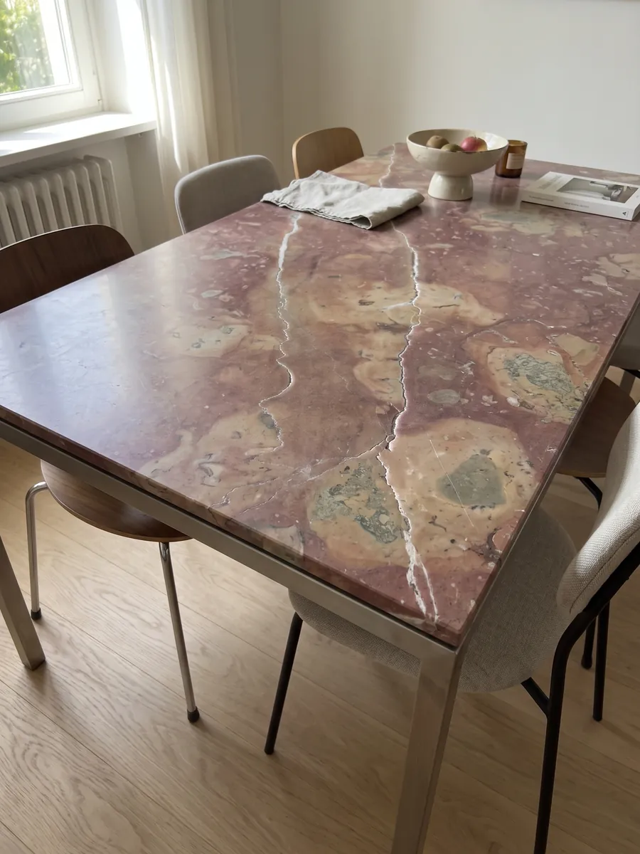 Mesa de comedor con cubierta de mármol rojo Rosso Verona sobre base de acero: rojo violáceo con manchas beige y dos vetas blancas verticales irregulares
