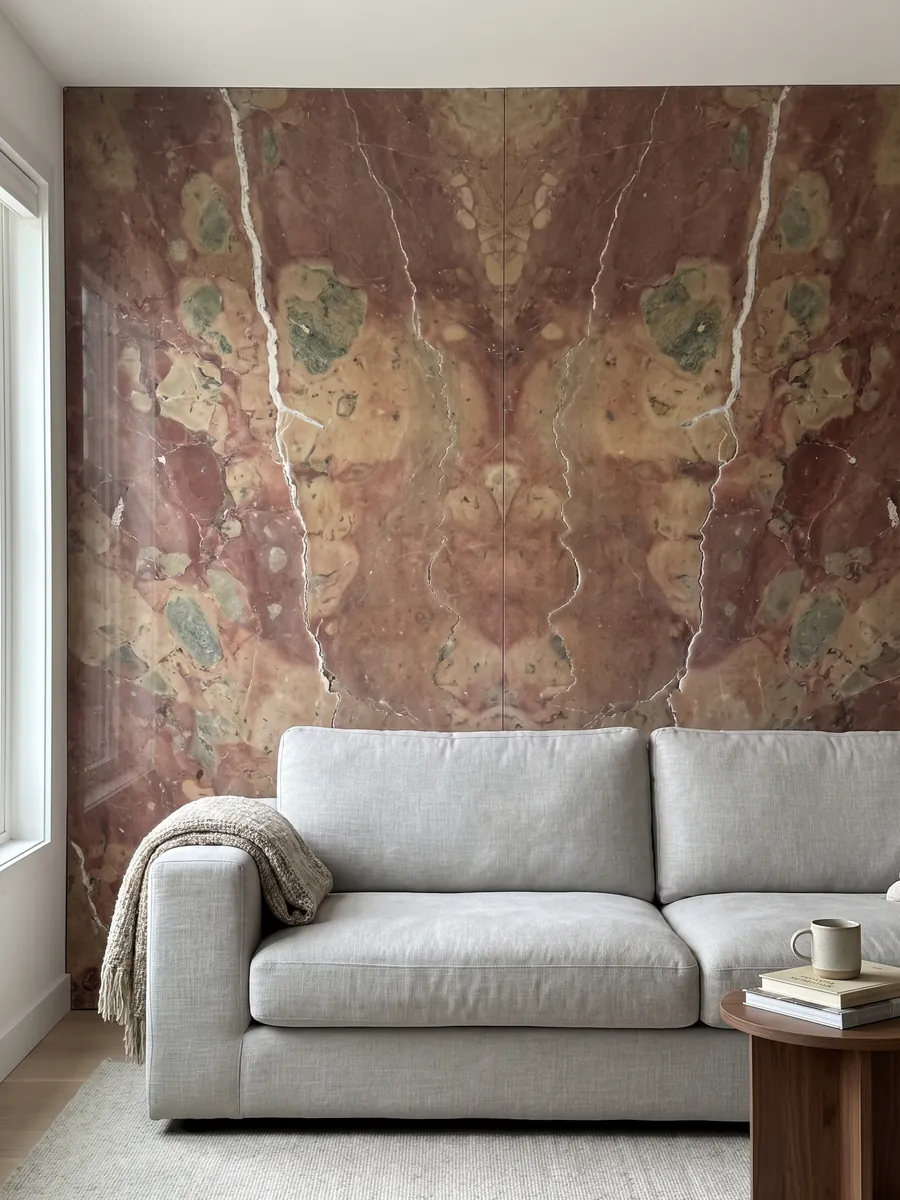 Pared de sala revestida con placas de mármol rojo Rosso Verona abiertas en libro detrás de un sofá: rojo violáceo con manchas beige y dos vetas blancas verticales irregulares