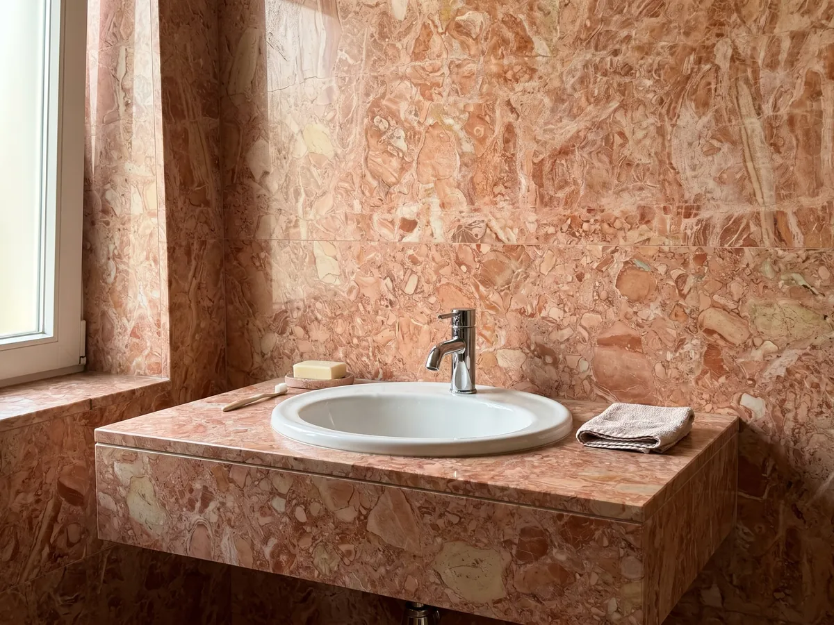 Cubierta de lavabo y pared de baño en mármol rosa Breccia Bohemien con lavamanos blanco y grifería cromada: mezcla densa de fragmentos coral y beige claro en tonos salmón