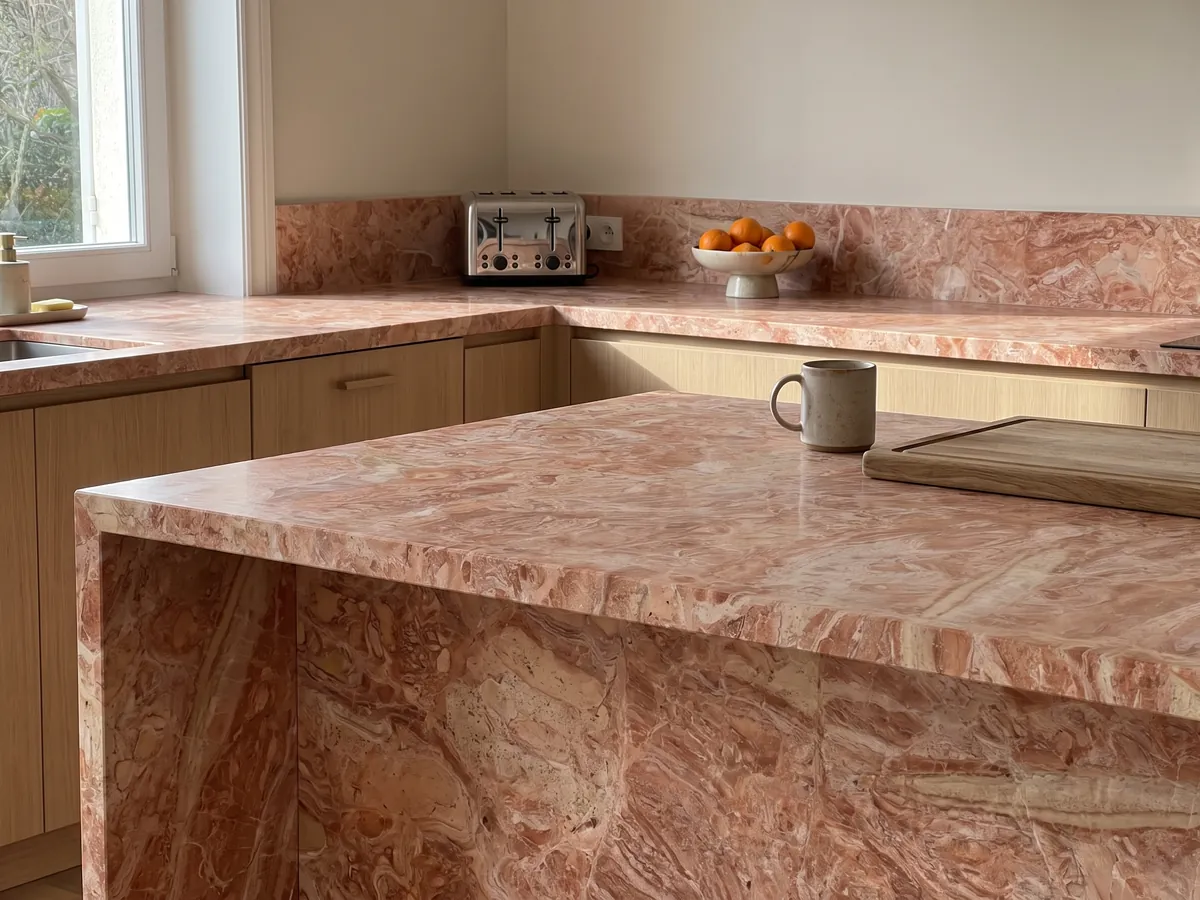Isla de cocina con cubierta de mármol rosa Breccia Bohemien y canto recto en una cocina con luz natural: mezcla densa de fragmentos coral y beige claro en tonos salmón