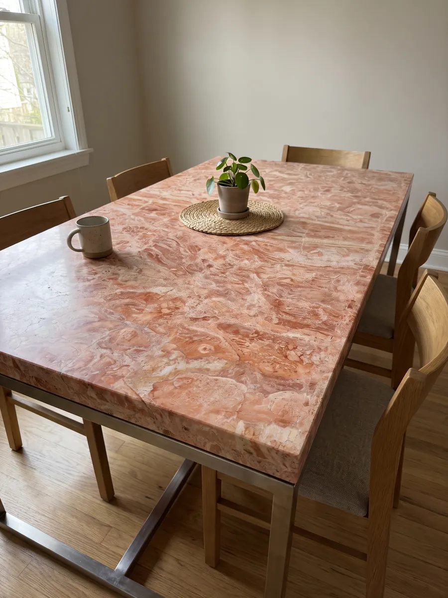 Mesa de comedor con cubierta de mármol rosa Breccia Bohemien sobre base de acero: mezcla densa de fragmentos coral y beige claro en tonos salmón