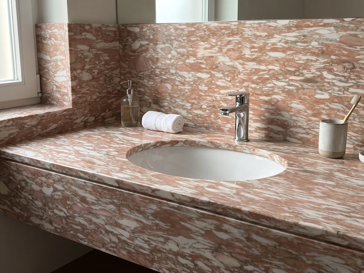 Cubierta de lavabo y pared de baño en Mármol Rosa Norvegia con lavamanos blanco y grifería cromada: rosa salmón con trazos blancos alargados en horizontal, como pinceladas