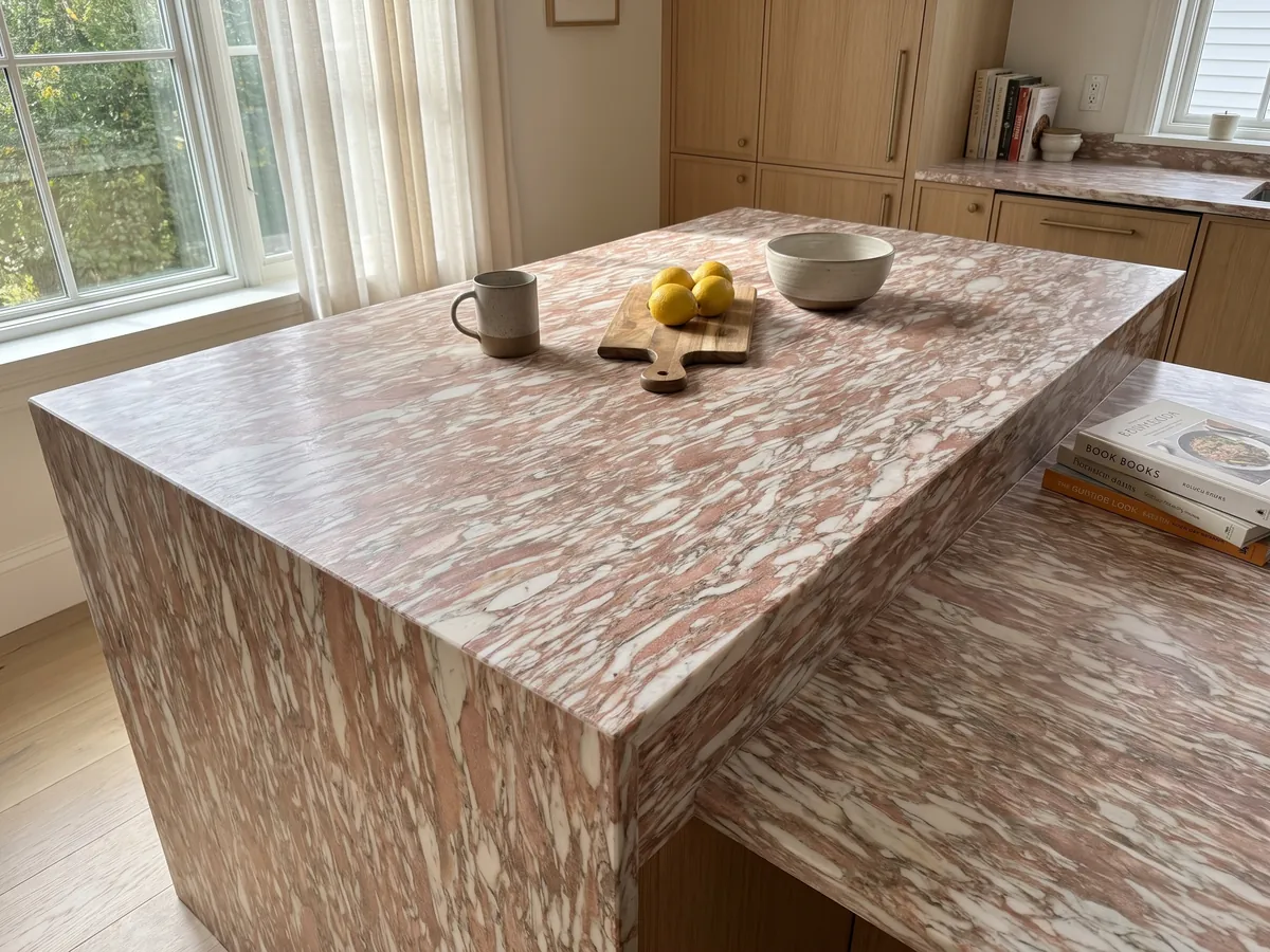 Isla de cocina con cubierta de Mármol Rosa Norvegia y canto recto en una cocina con luz natural: rosa salmón con trazos blancos alargados en horizontal, como pinceladas