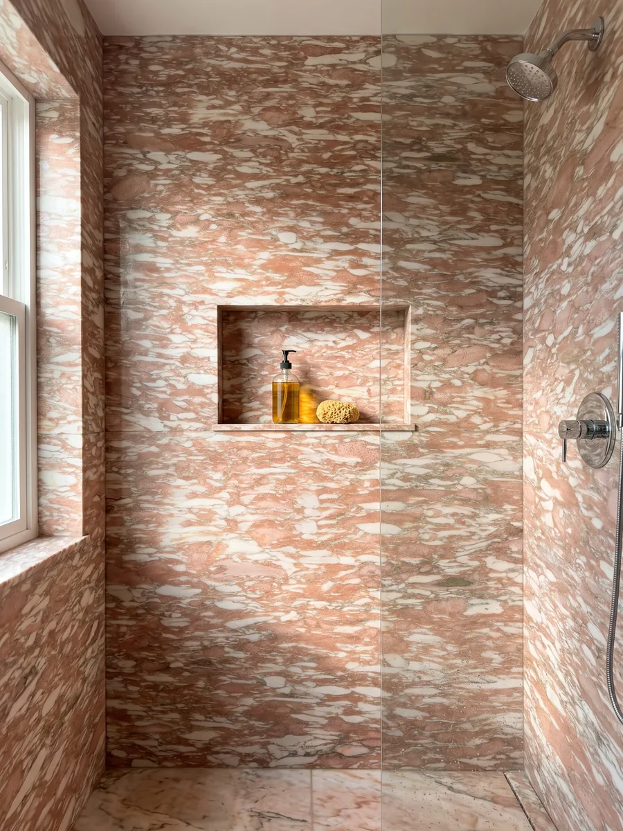 Ducha revestida con placas enteras de Mármol Rosa Norvegia con nicho empotrado: rosa salmón con trazos blancos alargados en horizontal, como pinceladas