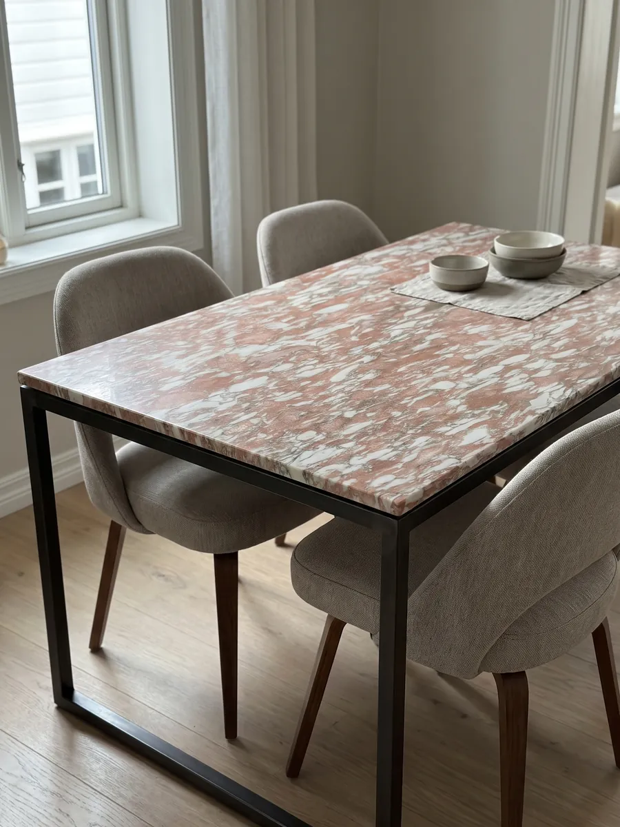 Mesa de comedor con cubierta de Mármol Rosa Norvegia sobre base de acero: rosa salmón con trazos blancos alargados en horizontal, como pinceladas