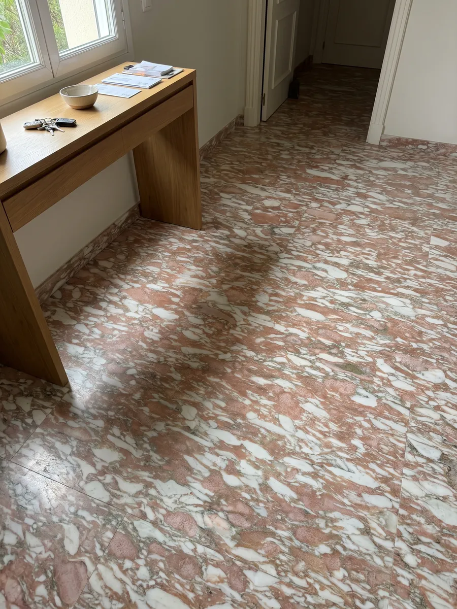 Piso de recibidor en placas grandes de Mármol Rosa Norvegia con luz natural: rosa salmón con trazos blancos alargados en horizontal, como pinceladas