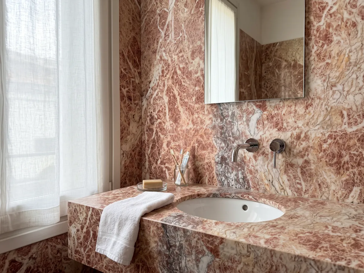 Cubierta de lavabo y pared de baño en Mármol Rosa Peralba con lavamanos blanco y grifería cromada: rosa rojizo con red de vetas blancas y una franja vertical gris violácea