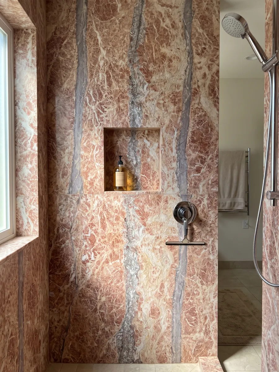 Ducha revestida con placas enteras de Mármol Rosa Peralba con nicho empotrado: rosa rojizo con red de vetas blancas y una franja vertical gris violácea