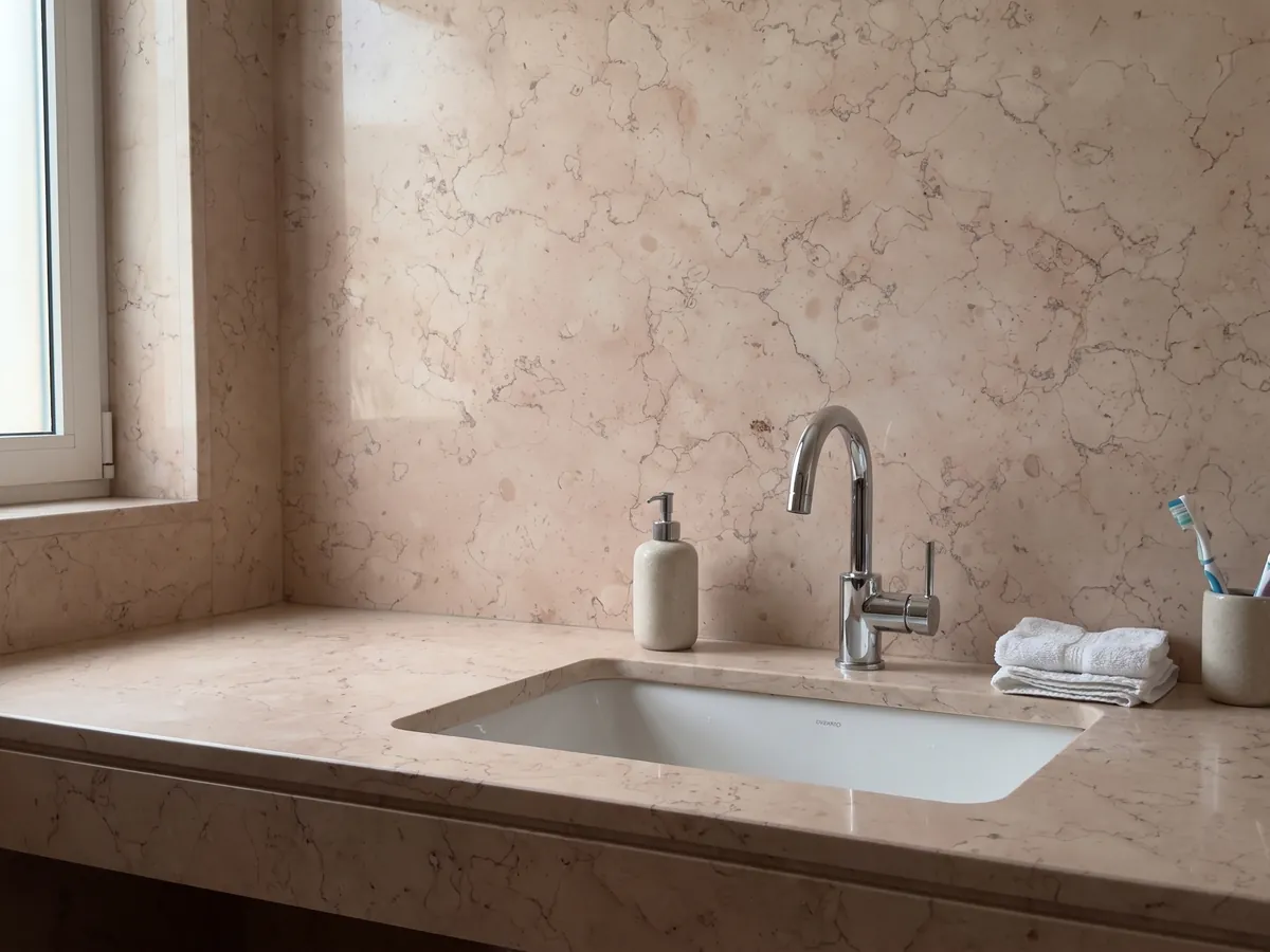 Cubierta de lavabo y pared de baño en Mármol Rosa Perlino con lavamanos blanco y grifería cromada: beige rosado claro con líneas finas onduladas en red suave