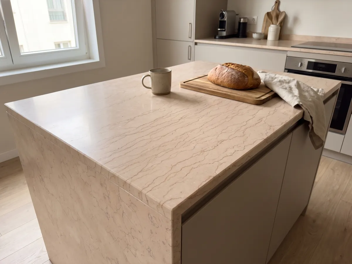 Isla de cocina con cubierta de Mármol Rosa Perlino y canto recto en una cocina con luz natural: beige rosado claro con líneas finas onduladas en red suave