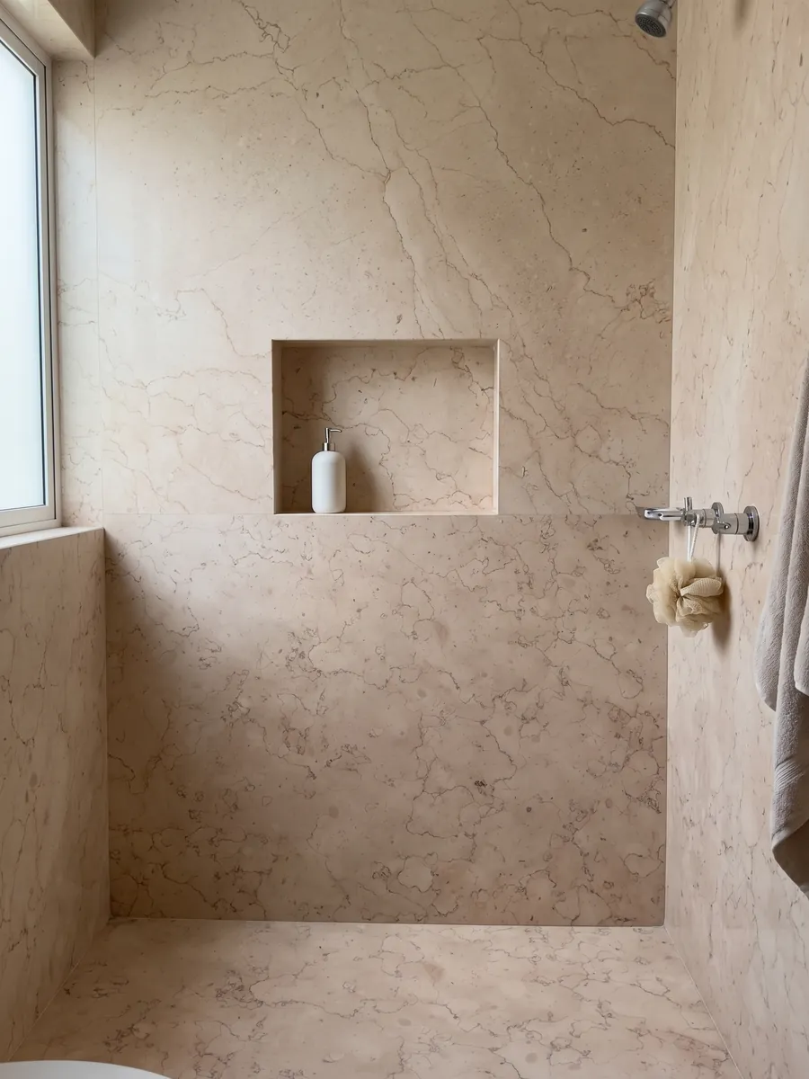 Ducha revestida con placas enteras de Mármol Rosa Perlino con nicho empotrado: beige rosado claro con líneas finas onduladas en red suave