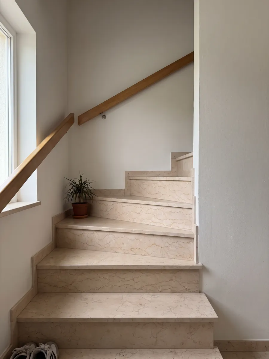 Escalera interior con peldaños de Mármol Rosa Perlino con pasamanos: beige rosado claro con líneas finas onduladas en red suave