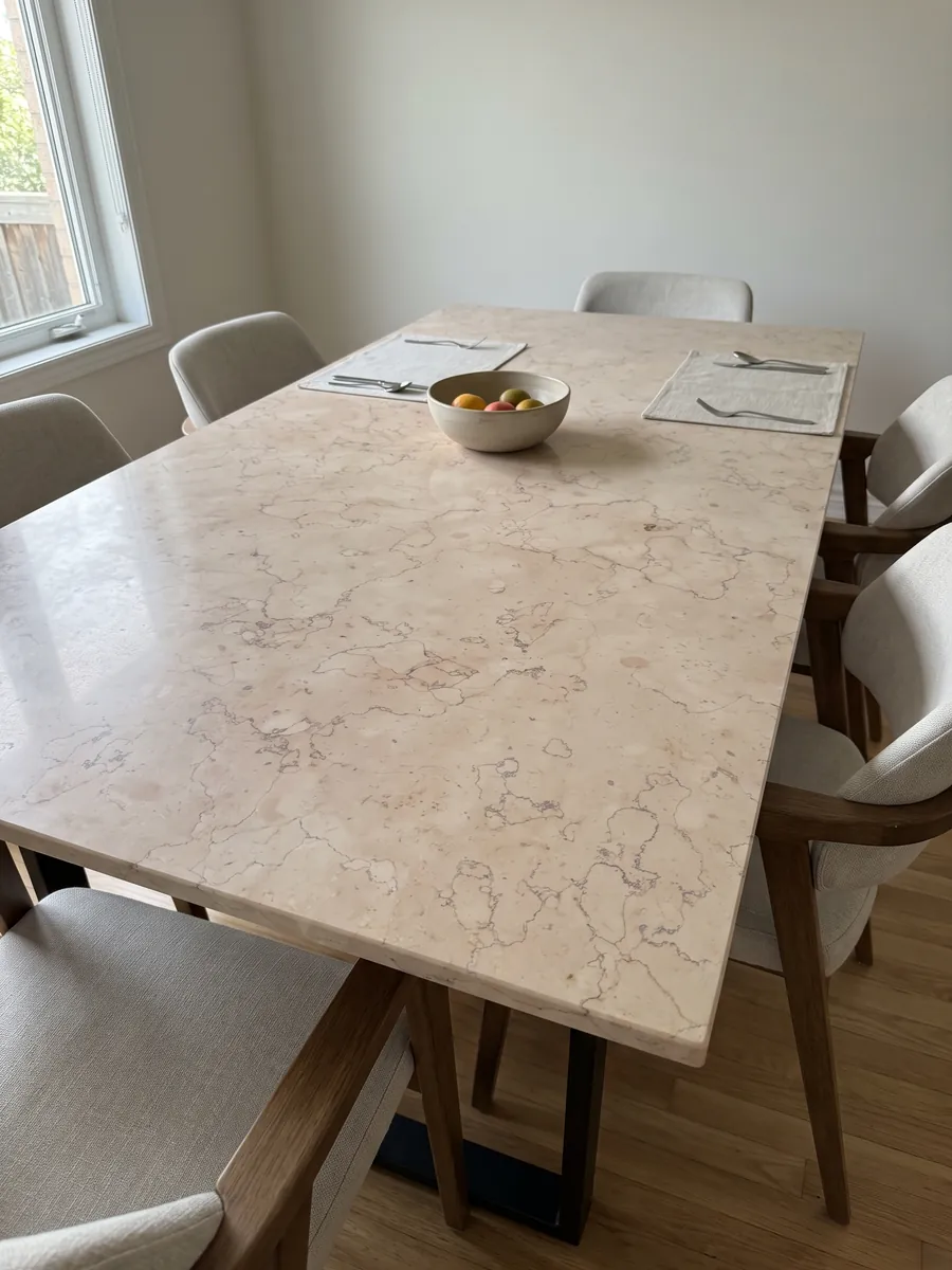 Mesa de comedor con cubierta de Mármol Rosa Perlino sobre base de acero: beige rosado claro con líneas finas onduladas en red suave