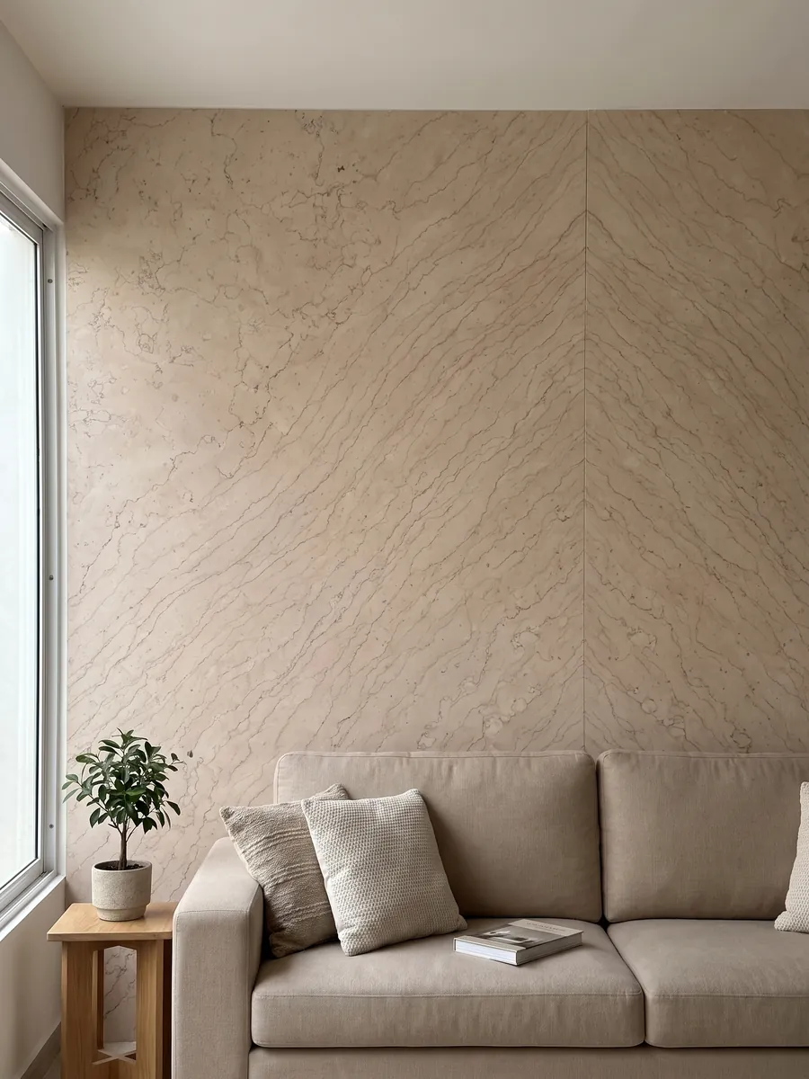Pared de sala revestida con placas de Mármol Rosa Perlino abiertas en libro detrás de un sofá: beige rosado claro con líneas finas onduladas en red suave