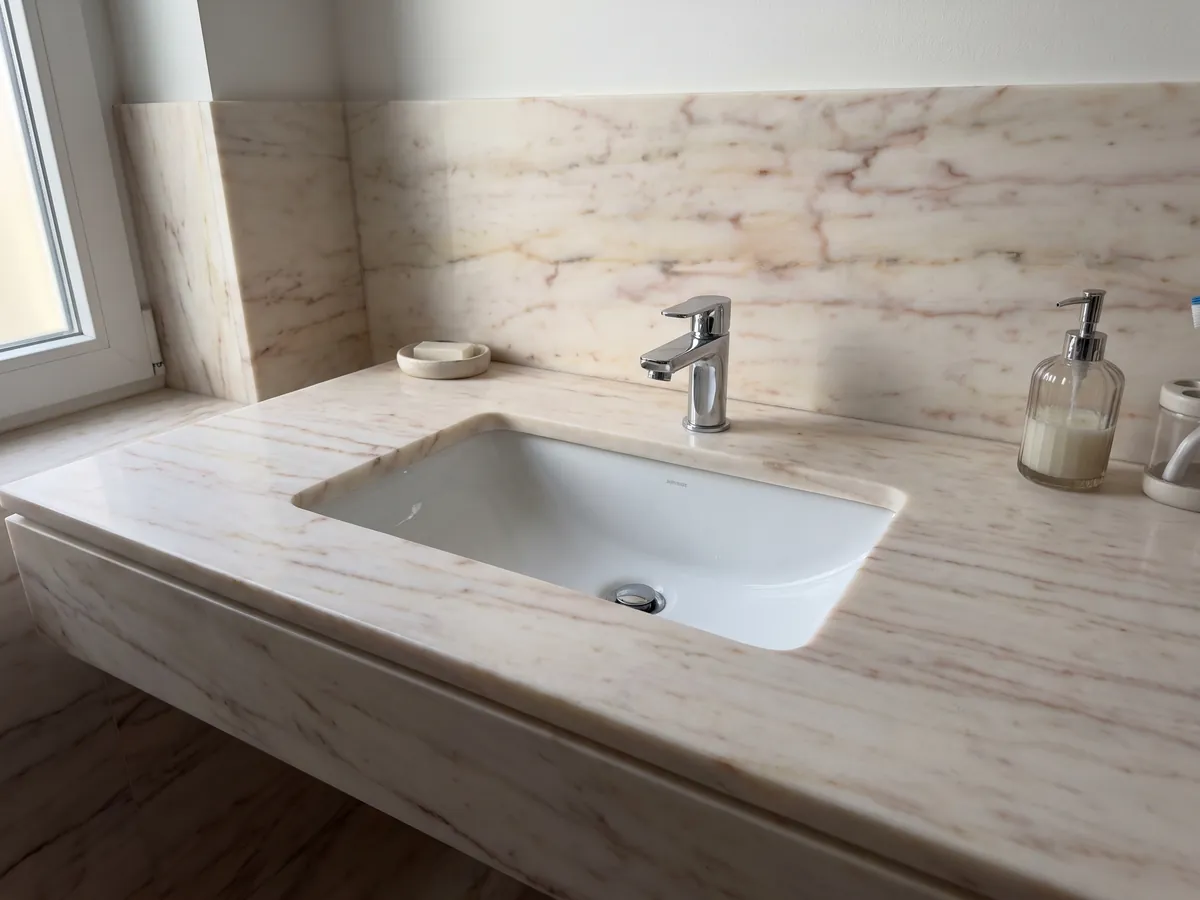 Cubierta de lavabo y pared de baño en Mármol Rosa Portogallo con lavamanos blanco y grifería cromada: rosa pálido casi crema con vetas rosa rojizo finas en horizontal
