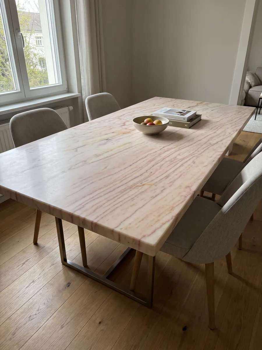 Mesa de comedor con cubierta de Mármol Rosa Portogallo sobre base de acero: rosa pálido casi crema con vetas rosa rojizo finas en horizontal