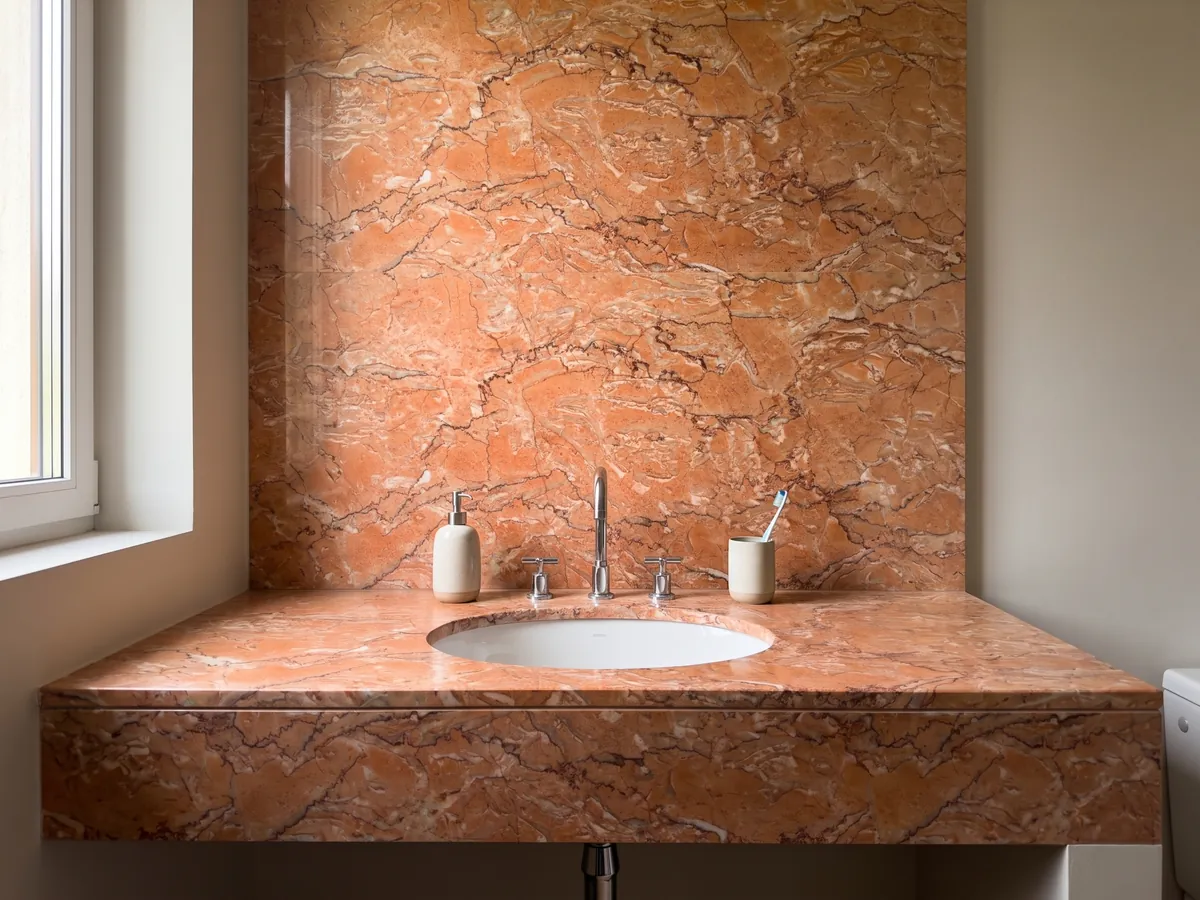 Cubierta de lavabo y pared de baño en Mármol Rosa Sabrina con lavamanos blanco y grifería cromada: naranja salmón con una red densa de vetas finas blancas y rojizas