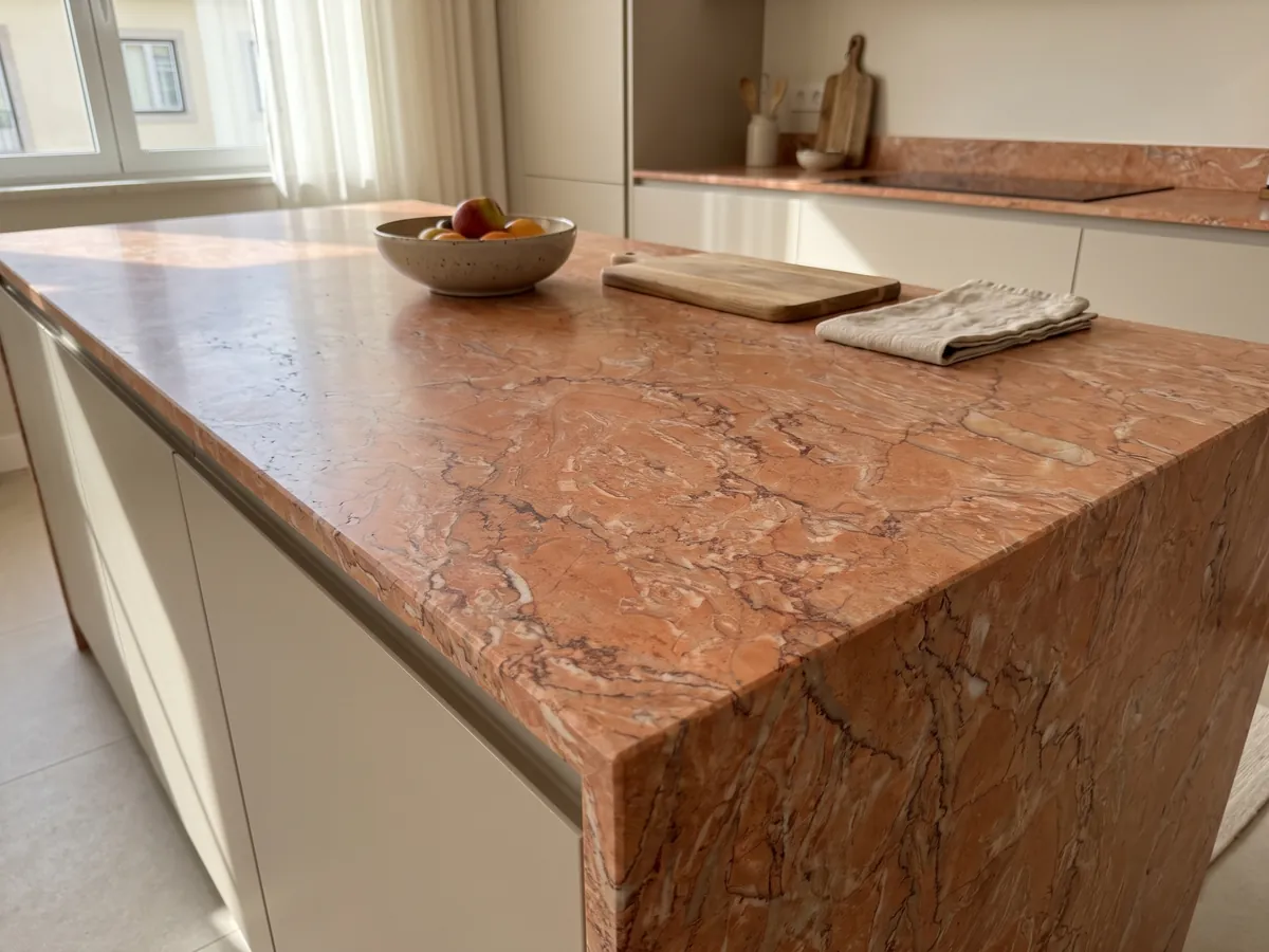 Isla de cocina con cubierta de Mármol Rosa Sabrina y canto recto en una cocina con luz natural: naranja salmón con una red densa de vetas finas blancas y rojizas