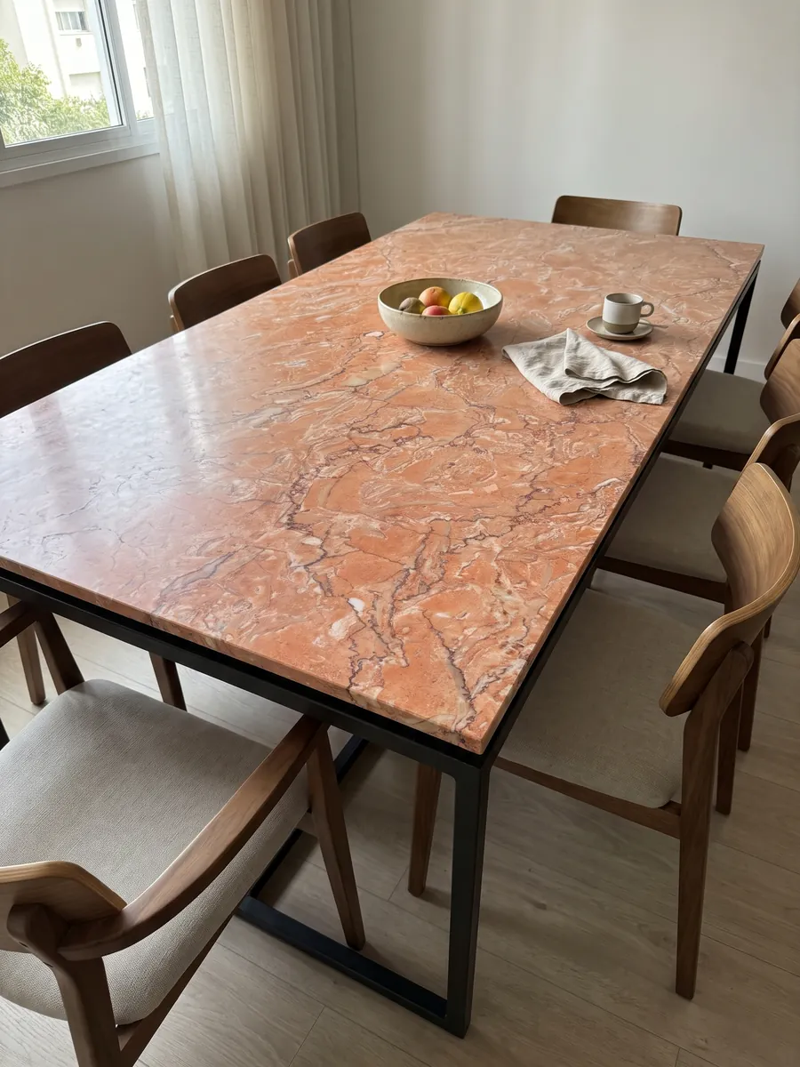 Mesa de comedor con cubierta de Mármol Rosa Sabrina sobre base de acero: naranja salmón con una red densa de vetas finas blancas y rojizas